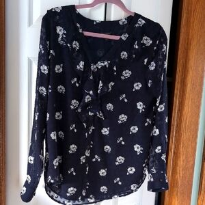 Ann Taylor Floral Navy Blue Blouse
